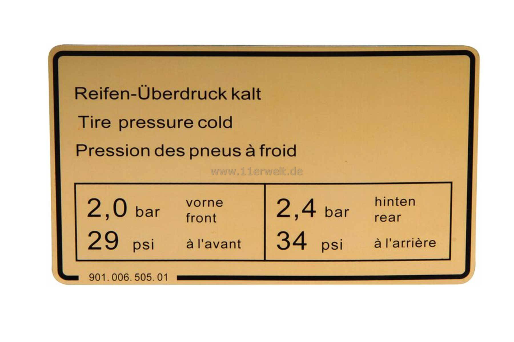 Klebeschild "Reifendruck" für Porsche 911
