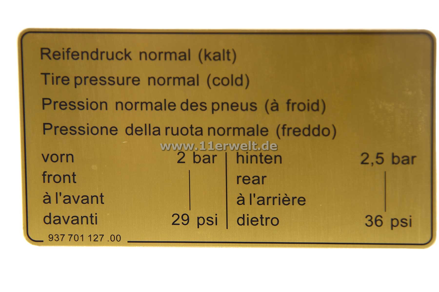 Klebeschild, Reifendruck Porsche 911